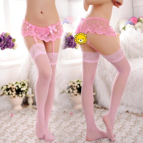 Ms. sexy lace garter T pants containing the temptation stockings with suspenders without socks (pink)