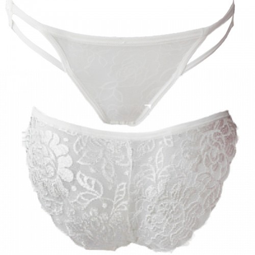 Underwear female lace fabric sexy real temptation transparent briefs thin section hollow US peach hip underwear (white)
