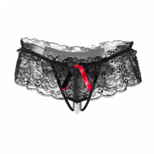 Underwear female lace sexy open file temptation thong pearl massage low waist hot hair transparent pants (black)