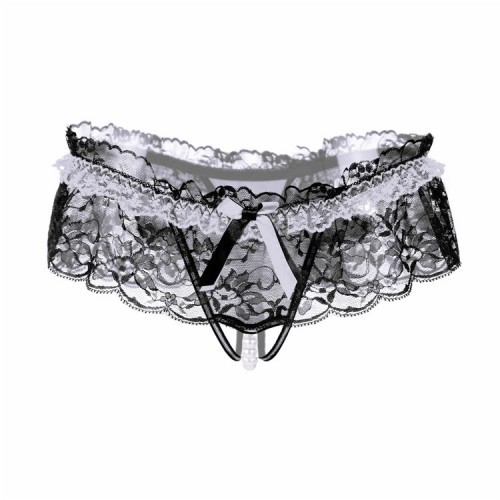 Underwear female lace sexy open file temptation thongs pearl massage low waist hot hair transparent pants (white)